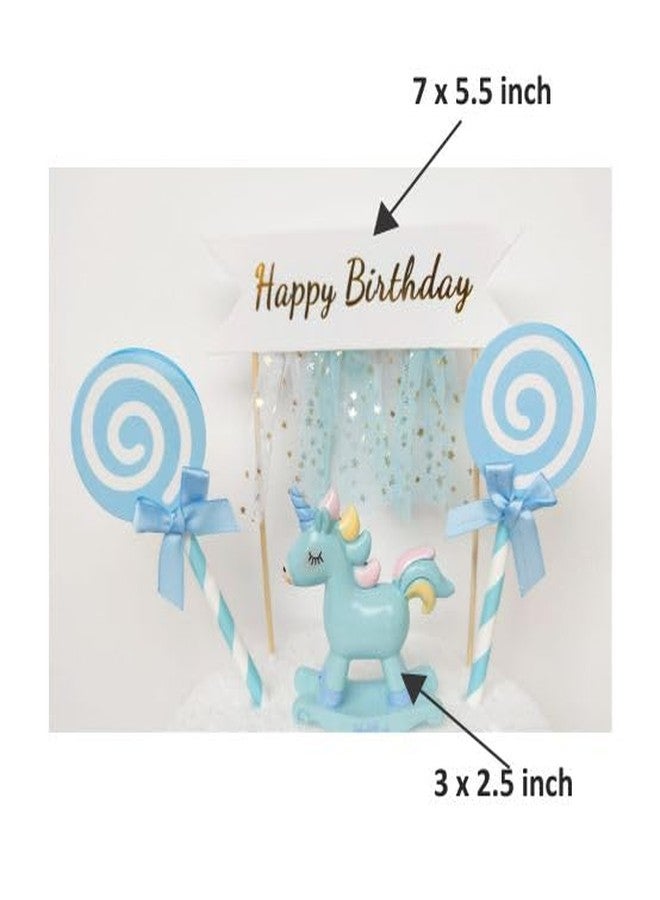 OM KRAFT Cute Unicorn Cake Topper Set | Birthday Party & Celebration Cake Decorations | Blue Fantasy Theme with Hearts, Lollipops & Banner - Image 3